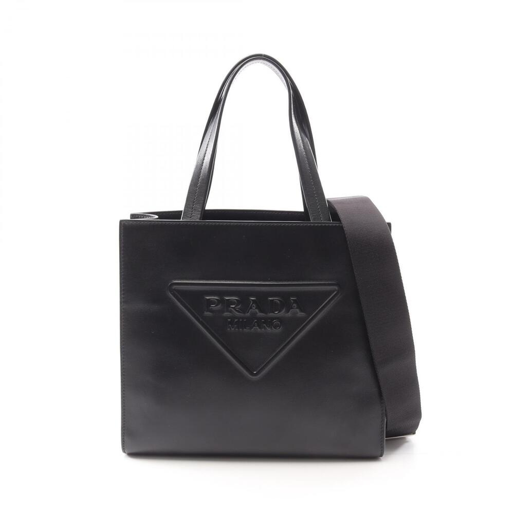 Prada SOFT CALF Triangle Logo Tote Bag Leather Black